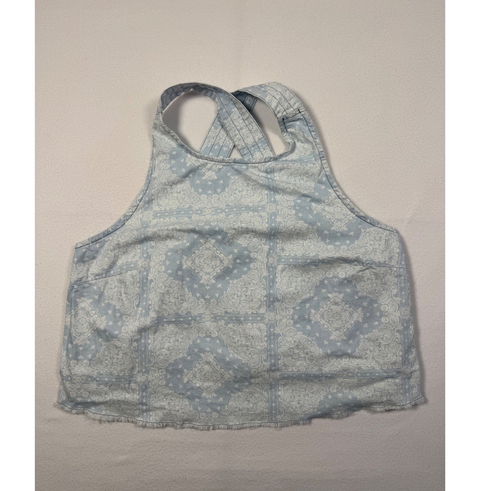 Western Boho‎ Wrangler Retro Womens XL Crop Top Blue Paisley Bandana Raw Hem